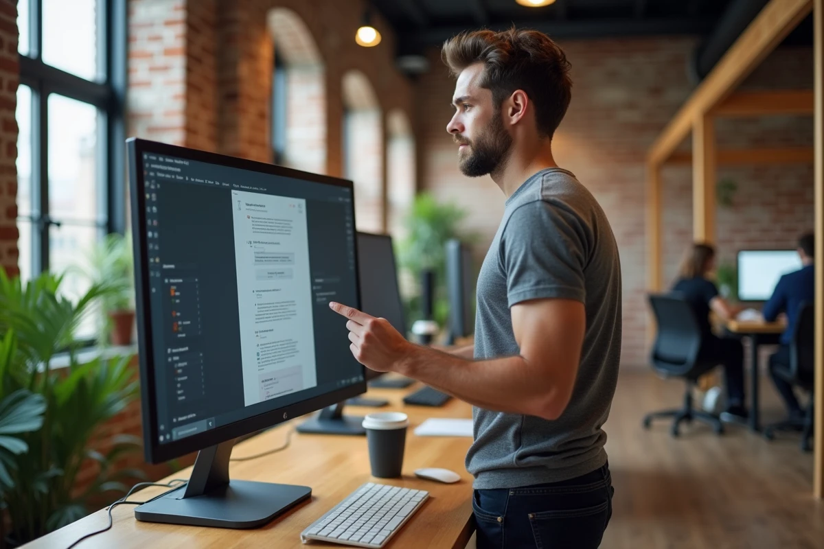 Homme consultant un parcours de formation professionnelle sur écran dans un espace de coworking moderne