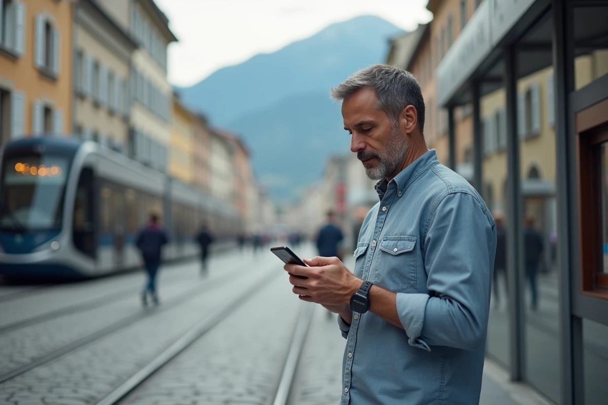 Homme consultant l'intranet mobile Pia Convergence depuis son smartphone dans les rues de Grenoble