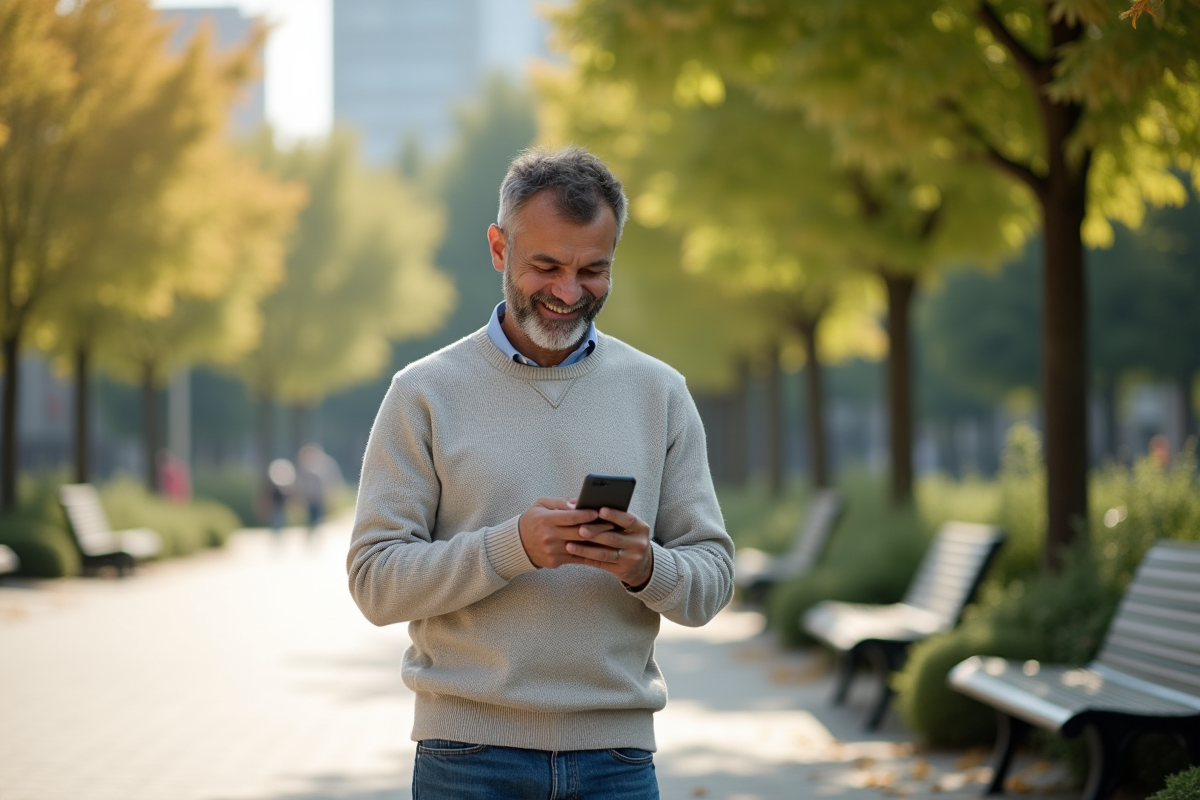 Homme vérifiant sa liste de tâches dans un parc urbain