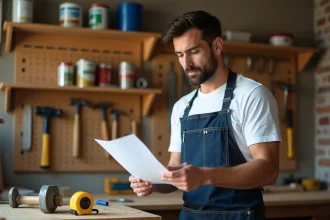 Homme en reconversion professionnelle étudiant une certification bricolage dans un atelier de menuiserie