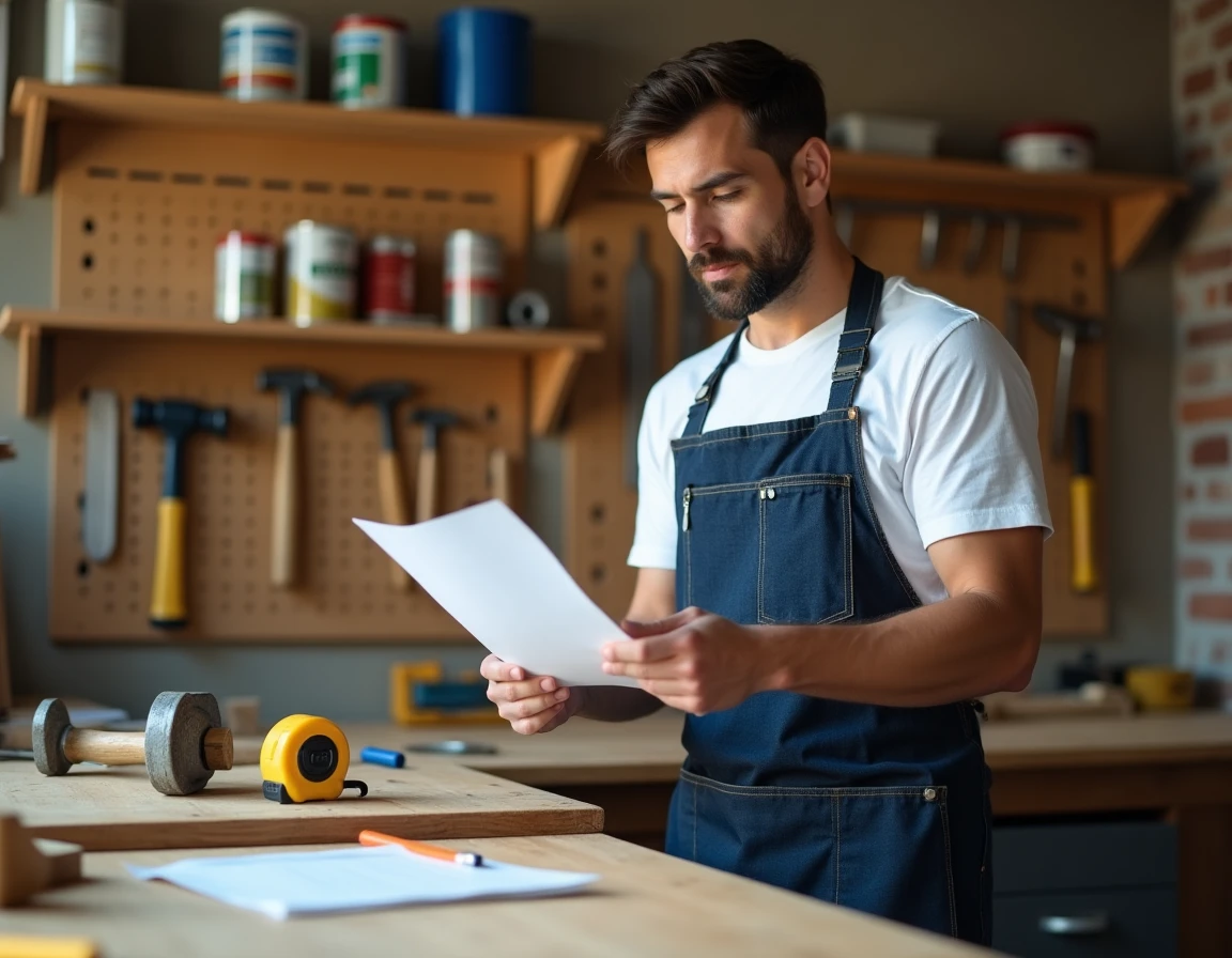 Homme en reconversion professionnelle étudiant une certification bricolage dans un atelier de menuiserie