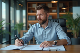 Homme d'âge moyen en réflexion dans un bureau moderne