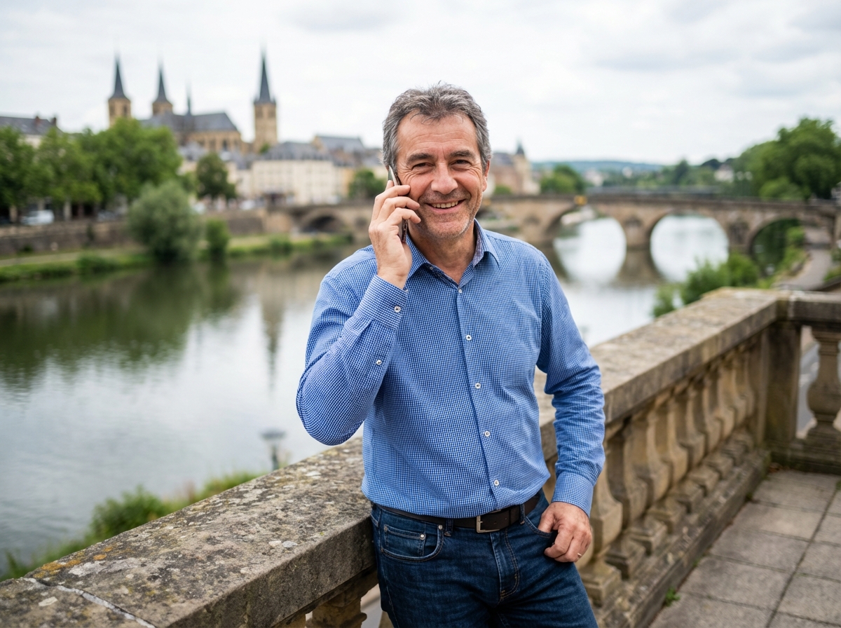 Homme souriant parlant au téléphone avec vue sur la Moselle