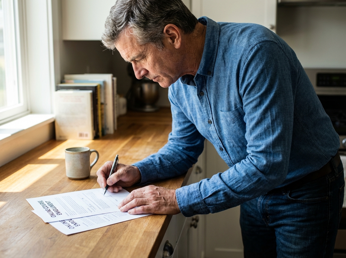 Homme âgé signant des papiers de formation à la maison