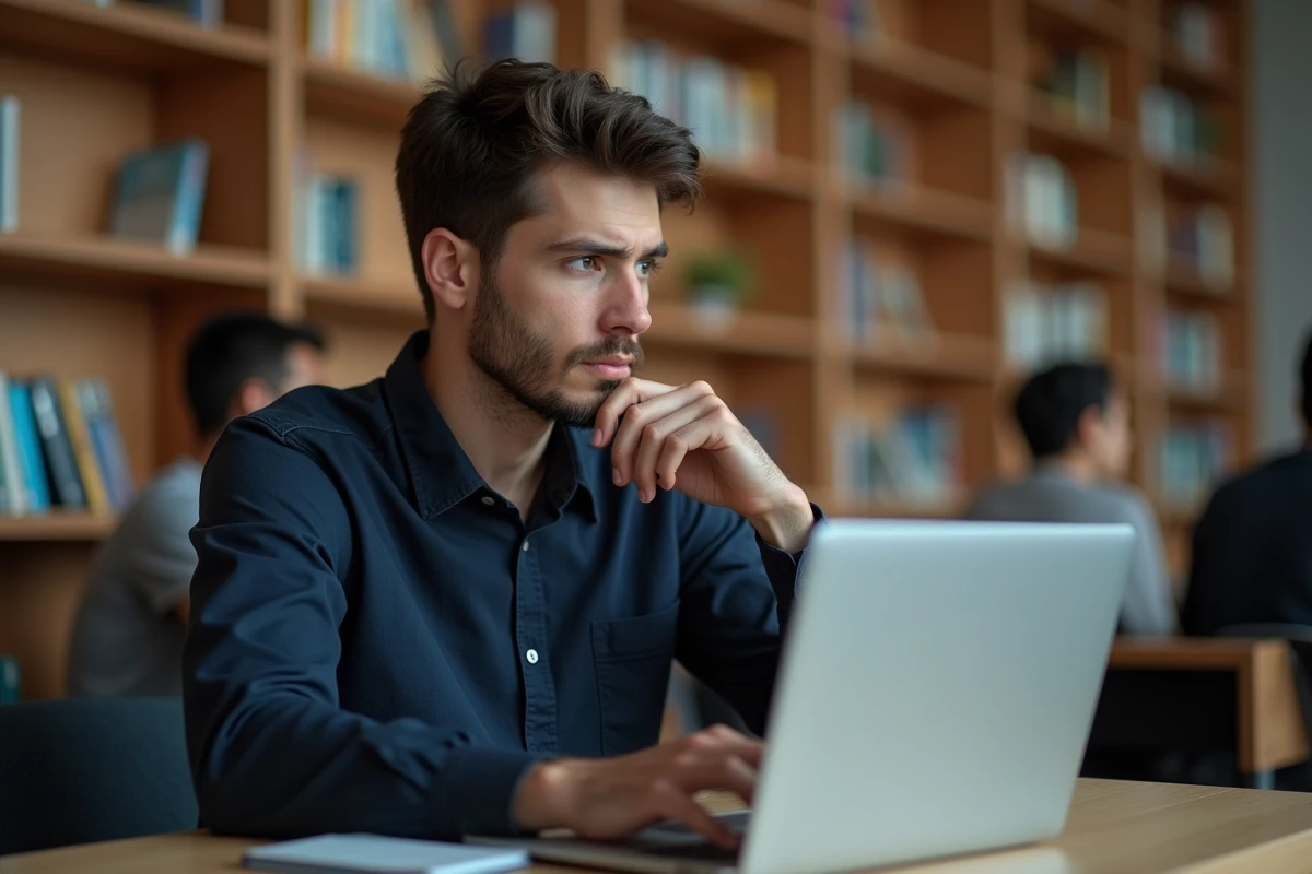 Jeune homme pensif réalisant un test de QI en ligne sur un ordinateur portable dans une bibliothèque universitaire