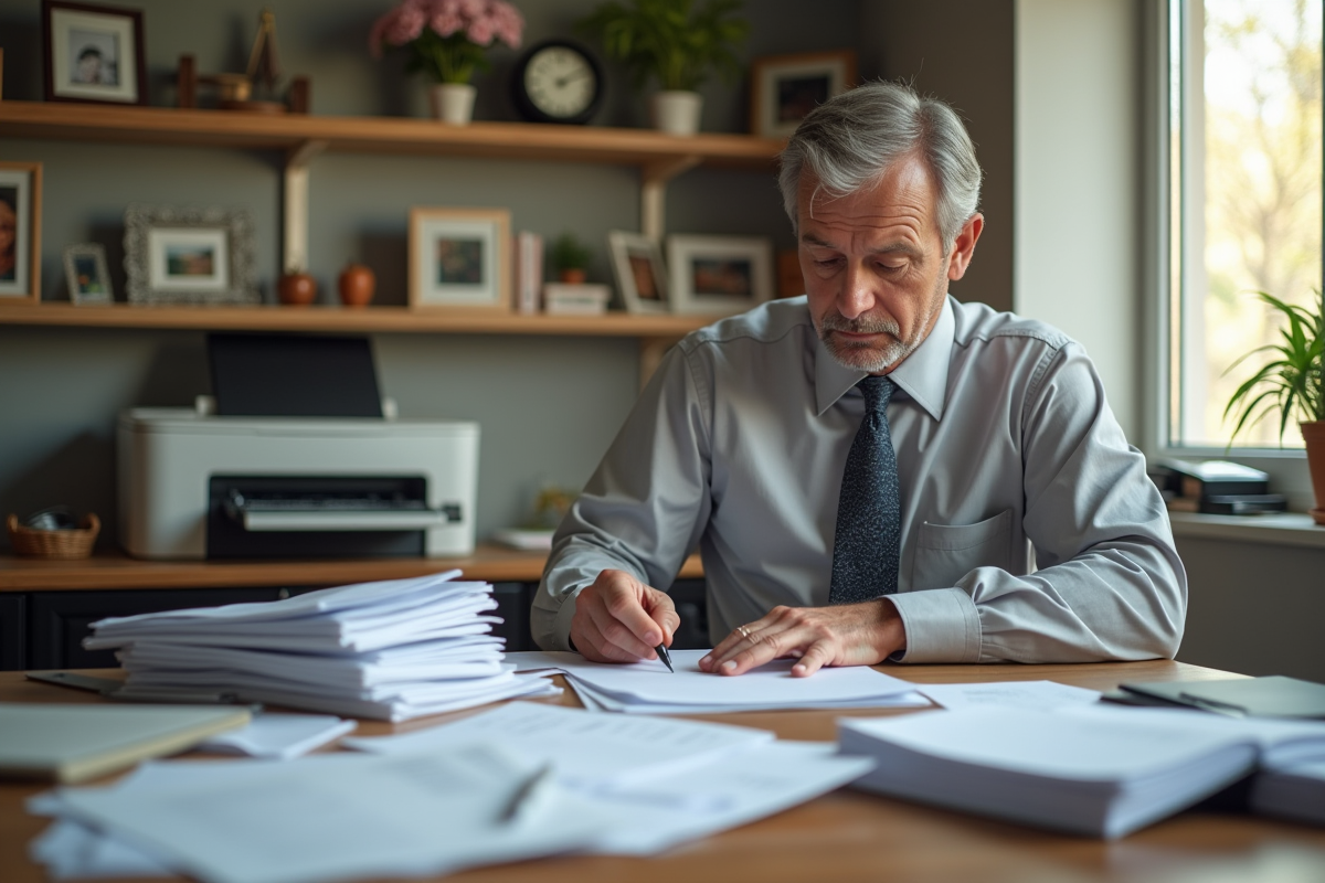 Homme d âge triant des factures dans un bureau à domicile