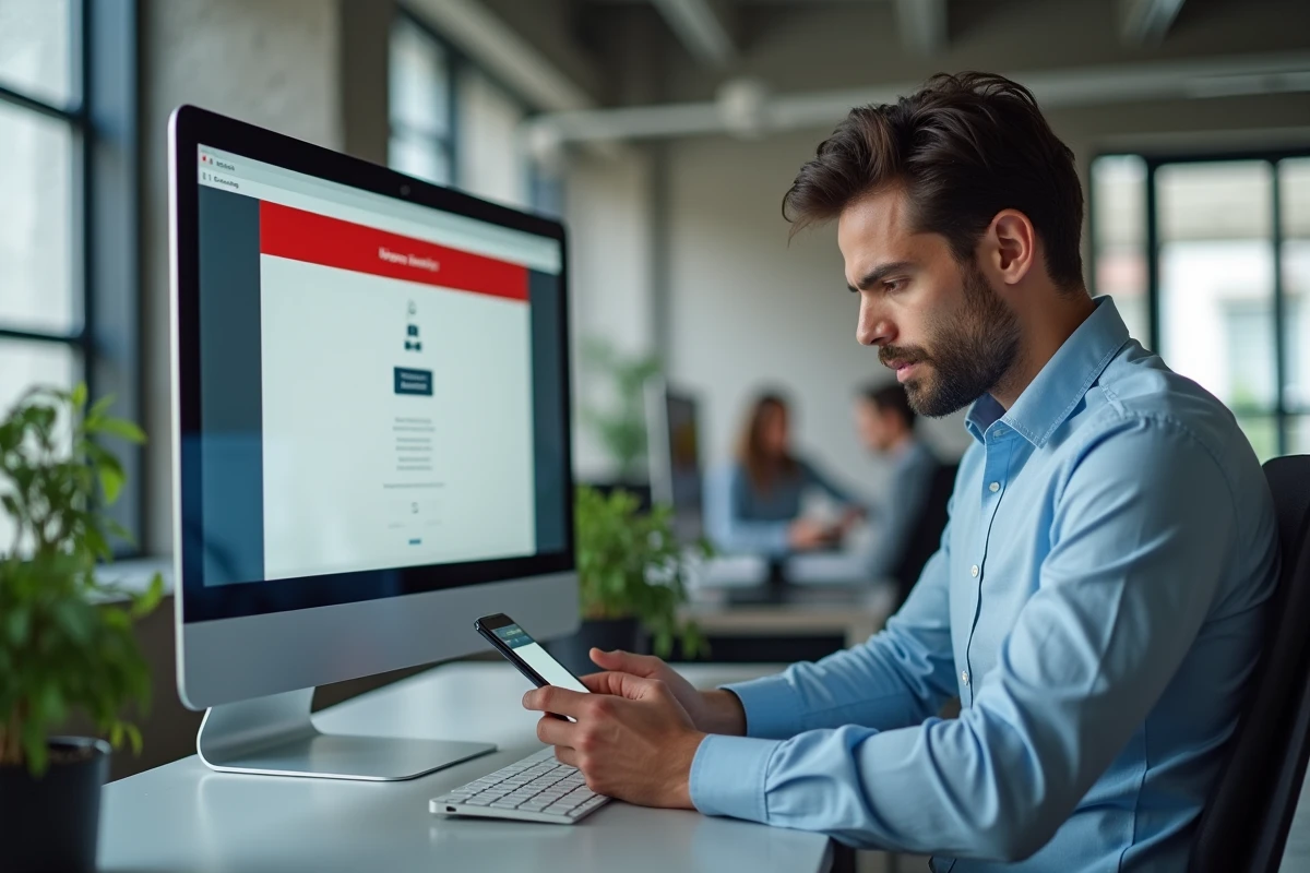Homme consultant une liste de vérification sur smartphone pour résoudre un problème d'accès au portail éducatif mycampus