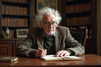 Homme âgé avec cheveux blancs écrivant dans un carnet dans un bureau cosy