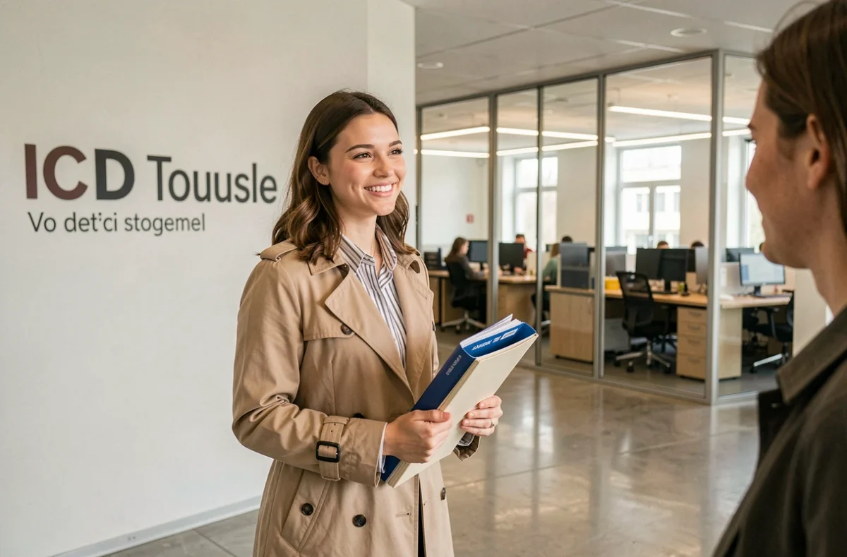 Étudiante à l'entrée des locaux de l'ICD Toulouse, école de commerce spécialisée
