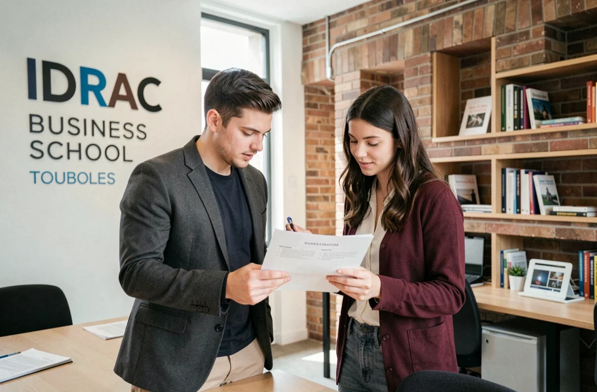 Deux étudiants consultant un document stratégique dans les locaux de l'IDRAC Business School Toulouse