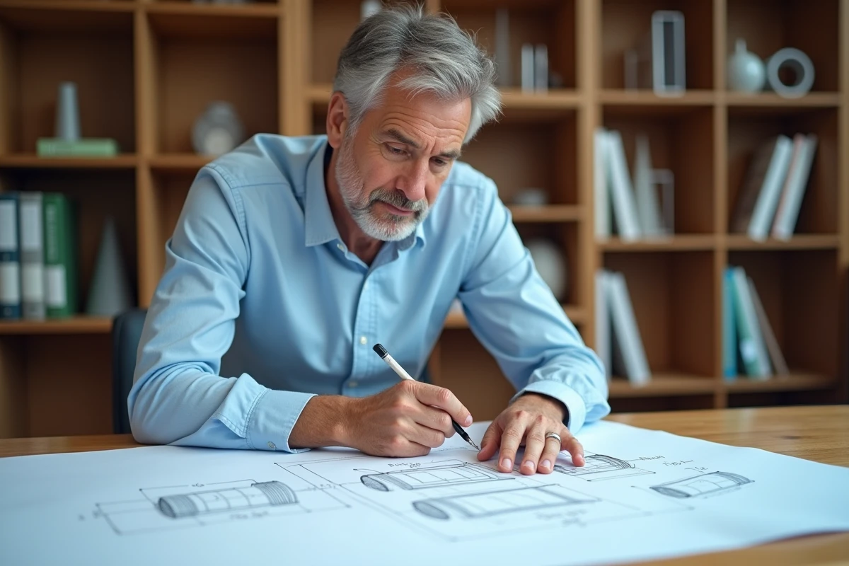 Ingénieur pointant des schémas techniques de cylindres avec formules de calcul de volume en litres sur une table à dessin