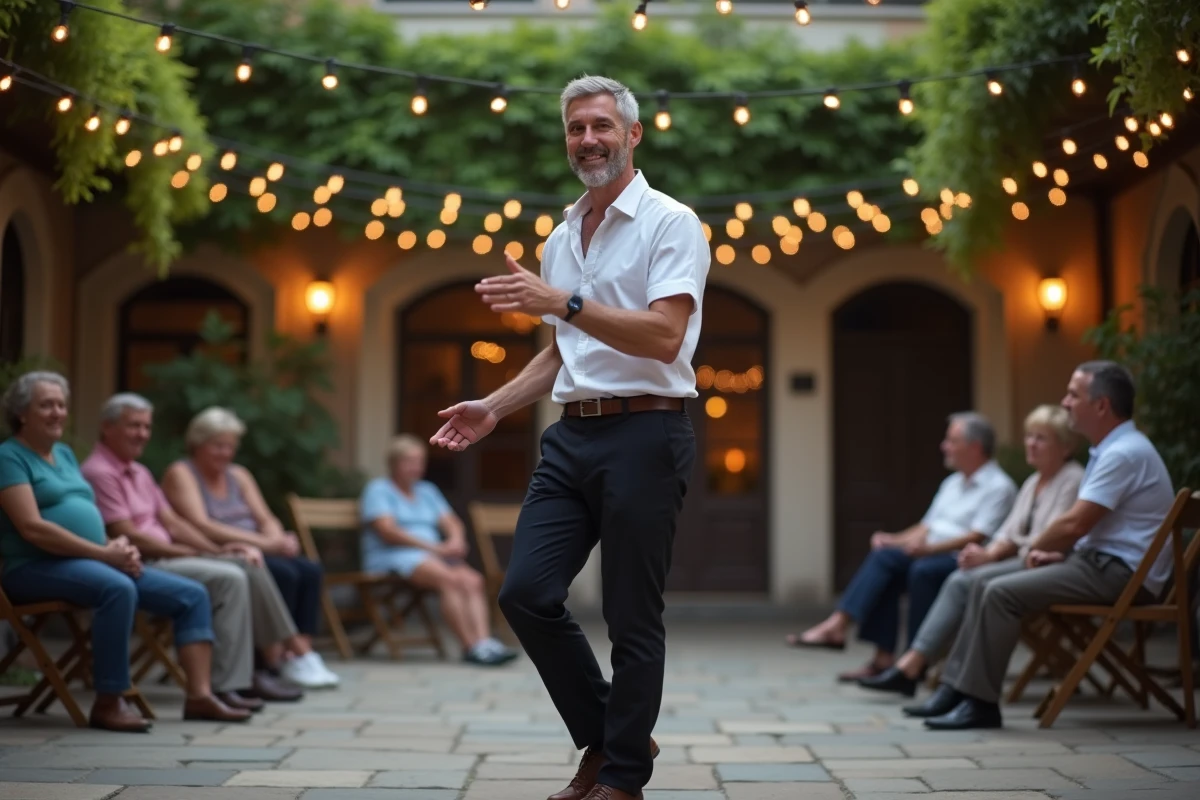 Instructeur de danse Madison montrant les pas à un groupe en plein air lors d'une soirée estivale