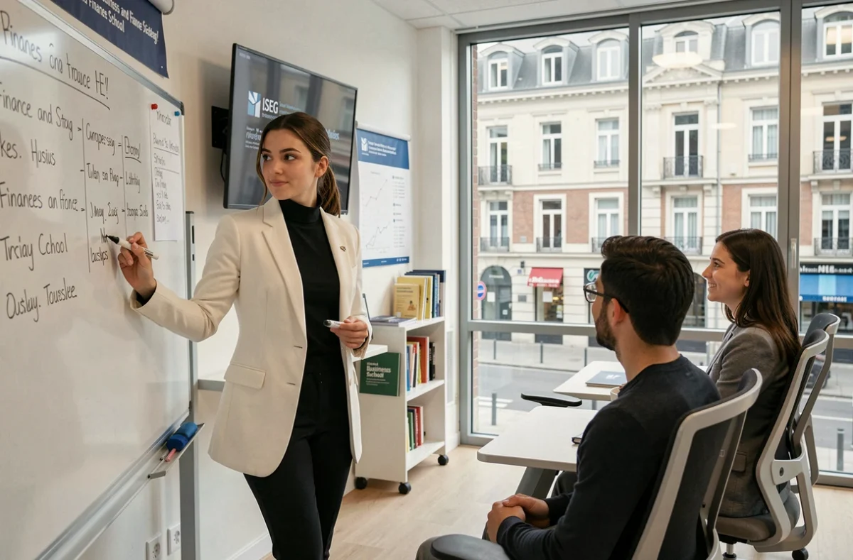 Étudiante animant un atelier de finance dans une salle de cours de l'ISEG Business and Finance School Toulouse