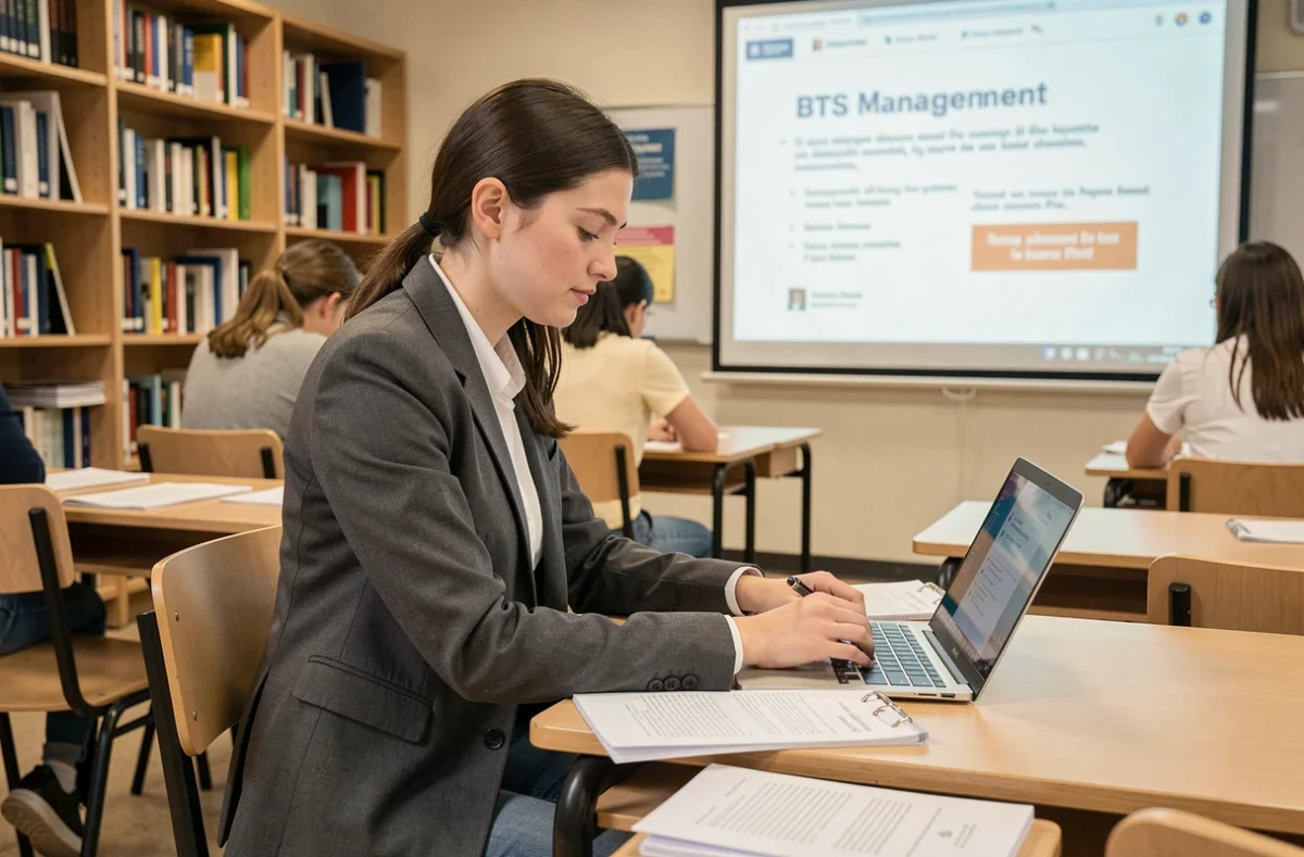 Étudiante en BTS tertiaire en alternance travaillant sur un cours à l'ITC Saint-Brieuc