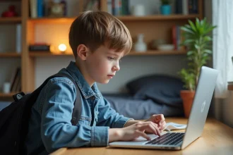Jeune adolescent concentré sur son ordinateur dans sa chambre