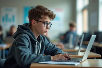 Jeune adolescent concentré sur son ordinateur en classe moderne