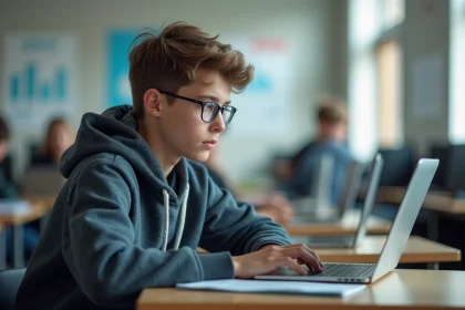 Jeune adolescent concentré sur son ordinateur en classe moderne
