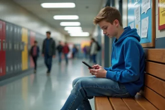 Jeune garçon de 14 ans sur un banc d'école avec smartphone