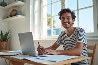 Jeune étudiant français souriant dans un bureau lumineux