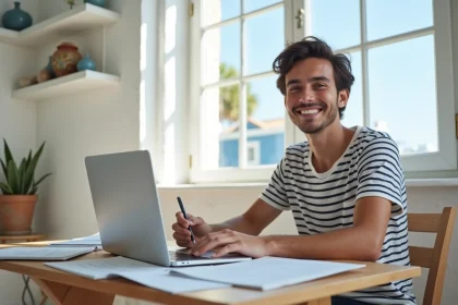 Jeune étudiant français souriant dans un bureau lumineux