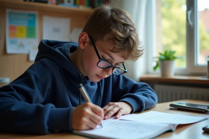 Jeune garçon français en hoodie bleu résolvant des maths à son bureau