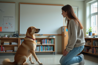 Etudiante en psychologie observant un chien en laboratoire