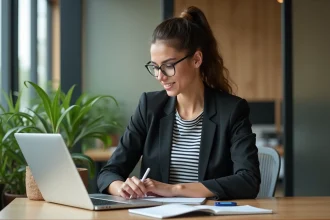 Jeune femme en blazer au bureau de Bordeaux