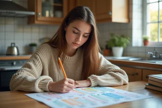 Jeune femme concentrée avec tableau de conjugaison espagnol