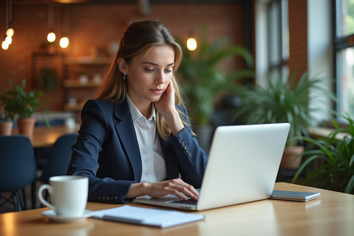 Jeune femme entrepreneure utilisant un ordinateur portable dans un espace de coworking