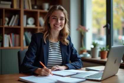 Jeune femme en blazer et chemise à rayures dans un appartement cosy