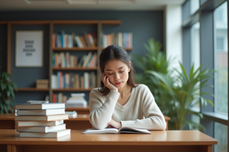 Jeune femme lisant des livres dans une salle d'étude universitaire