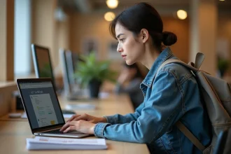 Jeune femme au laboratoire universitaire utilisant un ordinateur