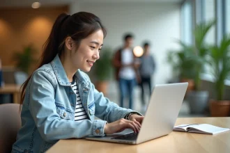 Jeune femme en denim et rayures utilisant son ordinateur à l'université