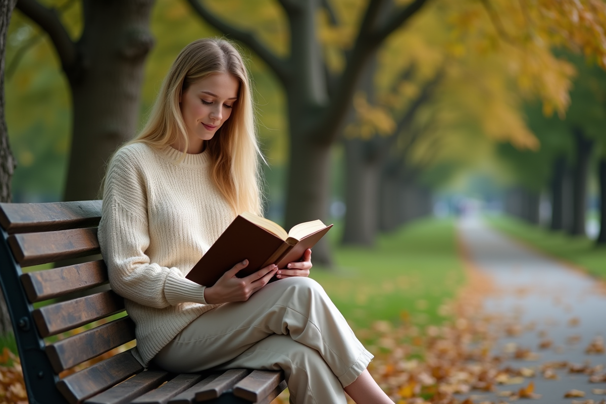 Jeune femme lisant un livre dans un parc verdoyant