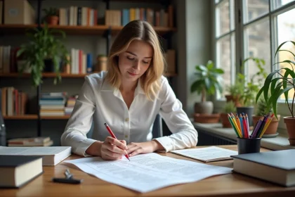 Jeune femme en blouse blanche étudie la declinaison allemande