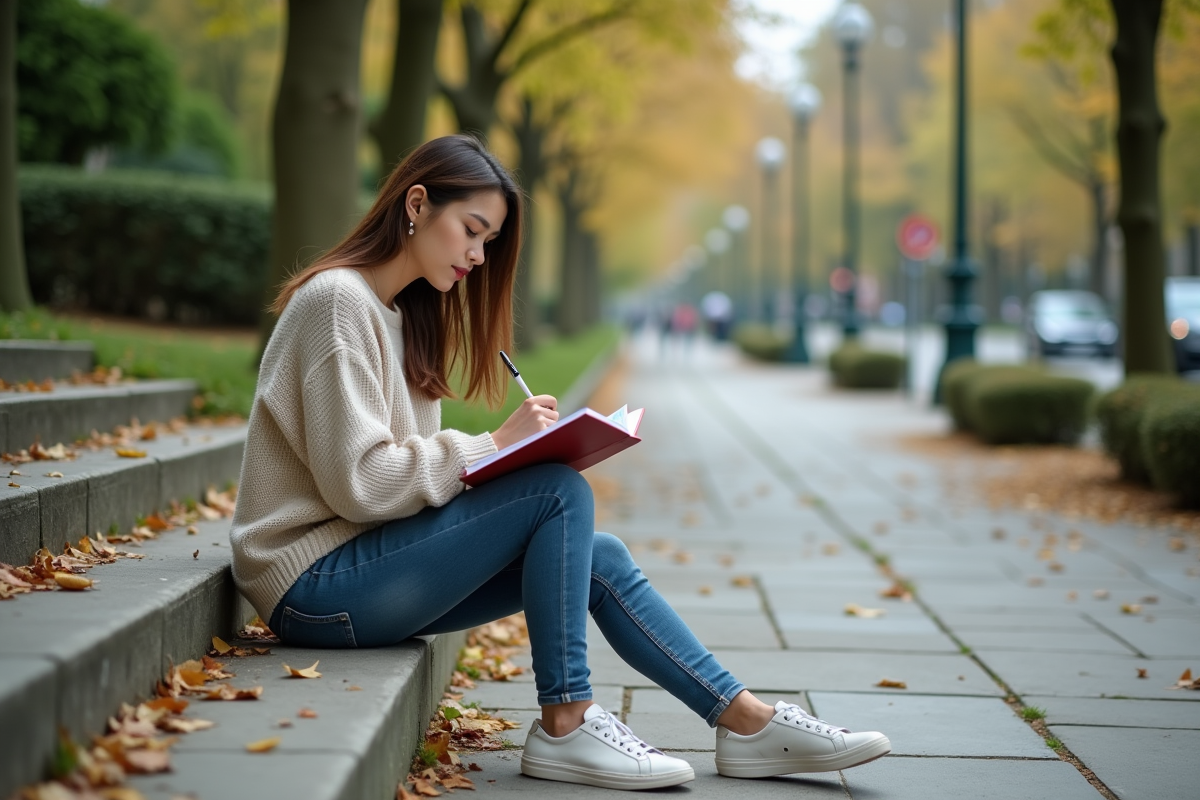 Jeune femme lisant sur des marches de parc en plein air