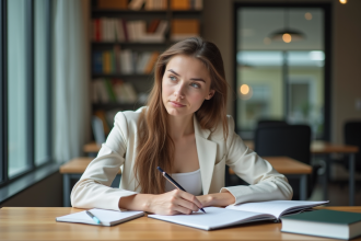 Jeune femme en bureau en train d'écrire dans un carnet