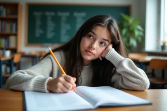 Jeune fille concentrée avec tableau de declinaison allemande
