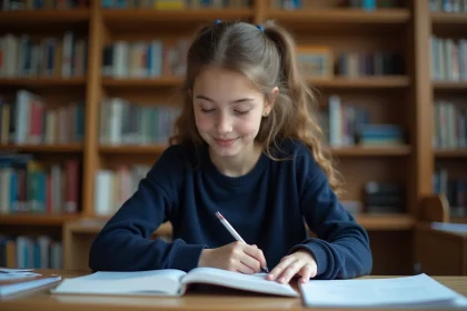 Jeune fille concentrée à la bibliothèque avec livre de probabilité