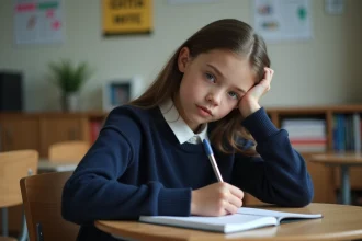 Jeune fille concentrée écrivant dans une salle de classe moderne