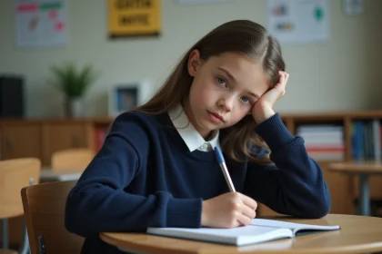 Jeune fille concentrée écrivant dans une salle de classe moderne