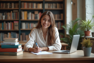 Jeune femme en étude universitaire assise à un bureau