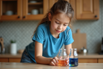 Jeune fille de 10 ans mélangeant des liquides colorés en cuisine