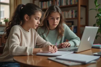 Jeune fille avec sa mère devant un ordinateur à la maison