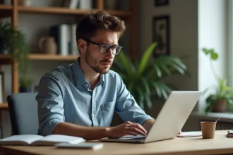 Jeune homme concentré recherchant un logiciel alternatif sur son ordinateur portable