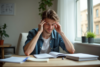 Jeune homme assis au bureau avec livres et notes pour l article