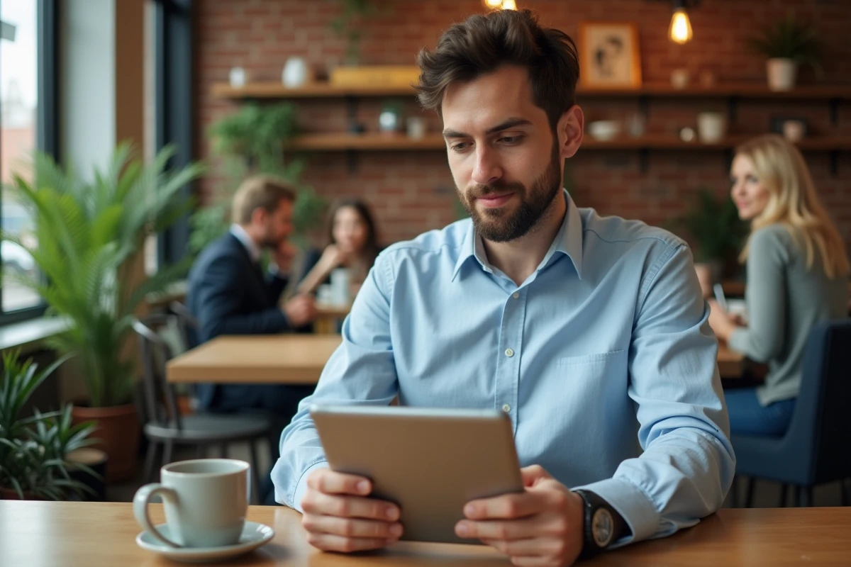 Jeune homme au café compare options email sur sa tablette