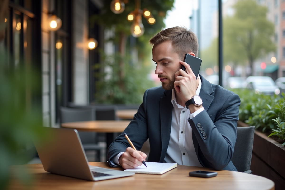 Jeune homme au café en extérieur avec ordinateur et téléphone