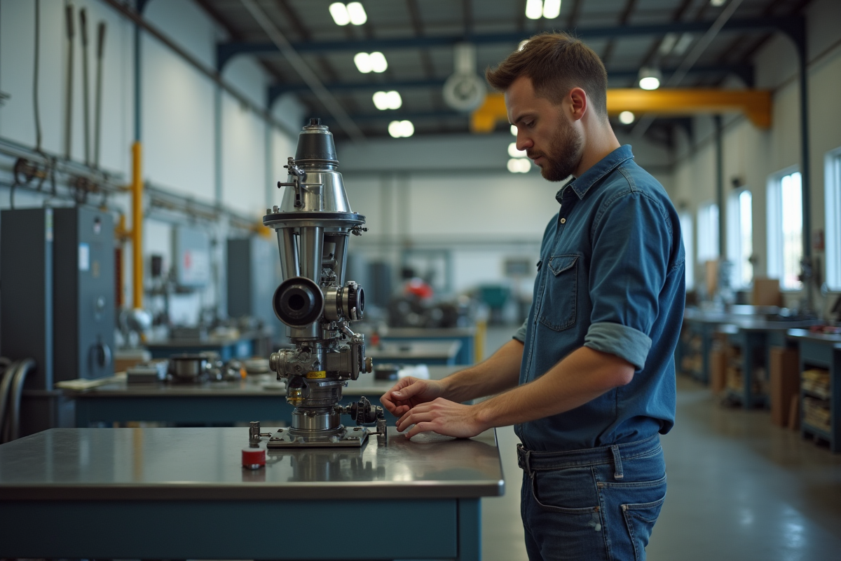Jeune homme en atelier hightech calibrant une machine complexe