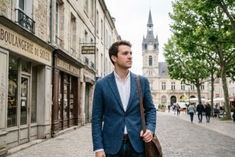 Jeune homme en blazer bleu dans la rue de ChâteauThierry